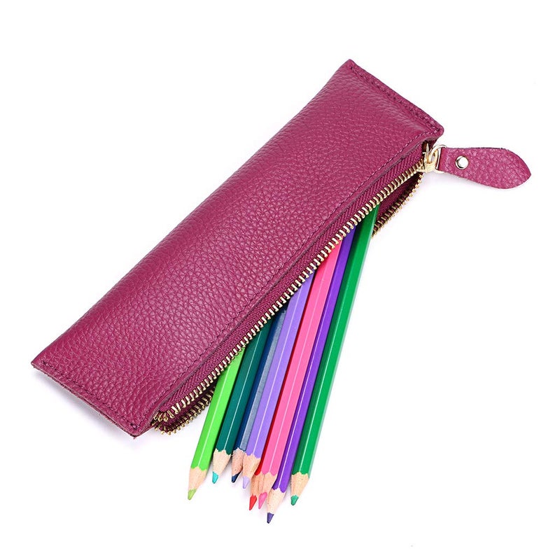 BTSKY Genuine Leather Pencil Case - Zippered Pen Case Stationery Bag Zipper Pouch Pencil Holder (Purple) - Image 2